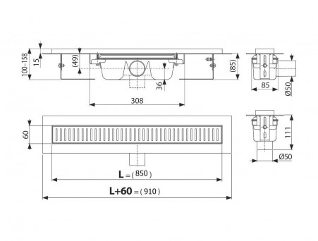 Душевой Лоток «AlcaPlast» Горизонтальный Слив (APZ1S850)