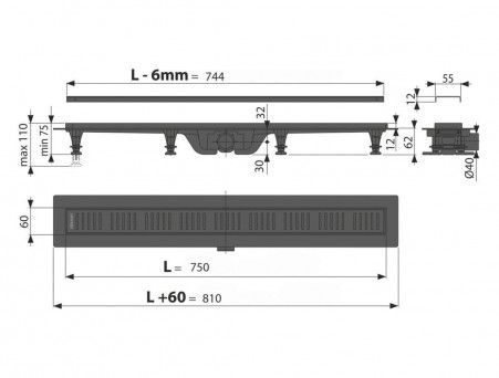 Душевой Лоток с Решеткой «AlcaPlast» Simple, Горизонтальный Слив (APZ10BLACK750M)