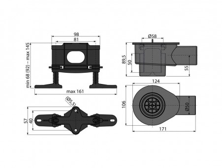 Сифон «AlcaPlast» DN50 и Комплект Регулируемых Ног, Горизонтальный Слив (APZS12)