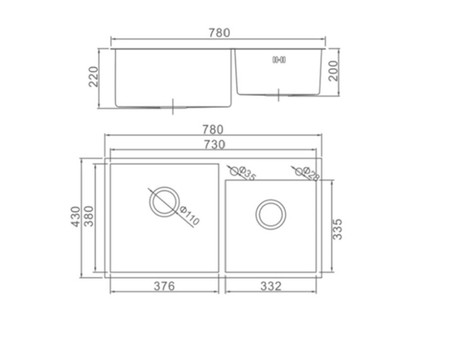 Мойка для Кухни «Aflorn» Premium, 2 Чаши, Графит, Прямоугольная, 78x43x22 (AF97843F-D)