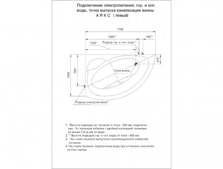 Акриловая Ванна «Aquatek» Аякс, Асимметричная, 170x110 (AYK170-0000005)