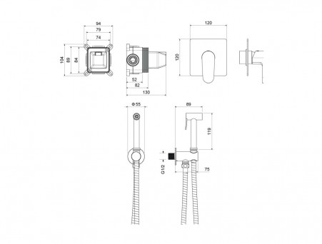 Набор Гигиенический Душ «Aquatek» Оберон, Смеситель, Лейка, Шланг и Держатель, Черный Матовый (AQ1219MB)