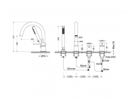 Смеситель на Борт Ванны «Aquatek» Европа, 4 Отверстия, Хром (AQ1348CR)