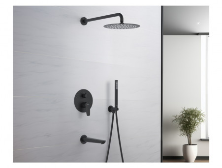 Душевой Комплект «Aquatek» SET Бетта 4в1: Душевой Гарнитур, Смеситель Встраиваемый, Верхний Душ, Излив и Накладки, Черный Матовый (AQ1173MB)