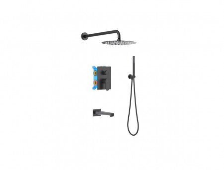 Душевой Комплект «Aquatek» SET Оберон 4в1: Душевой Гарнитур, Смеситель Встраиваемый, Верхний Душ, Излив и Накладки, Черный Матовый (AQ1273MB)