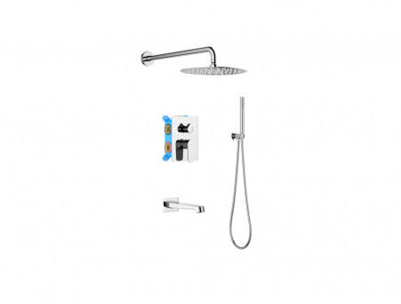 Душевой Комплект «Aquatek» SET Оберон 4в1: Душевой Гарнитур, Смеситель Встраиваемый, Верхний Душ, Излив и Накладки, Хром (AQ1273CR)