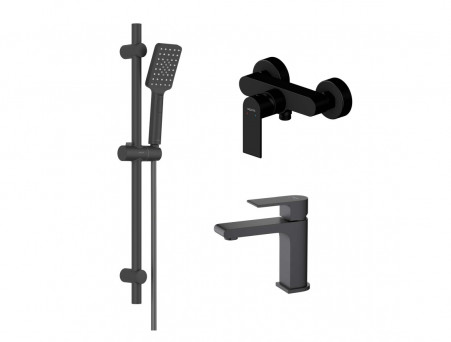 Душевой Комплект «Aquatek» Оберон 3в1: Душевой Гарнитур, Смеситель для Душа и Смеситель для Раковины, Черный Матовый (AQ1431MB)