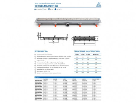 Душевой Лоток «MCH Chudej» Водоотводящий, 750мм, Глянец (CH 750 S)