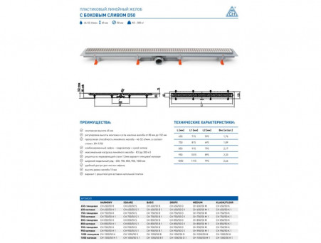Душевой Лоток «MCH Chudej» Водоотводящий, 850мм, Глянец (выход 50мм) (CH 850/50 H)