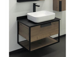 Тумба с Раковиной «Comforty» Кёльн-75, 75,5x64,5x52см, Дуб Темный, Черная Столешница (00004149065CF)