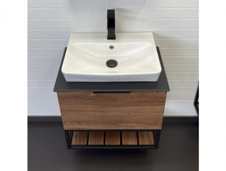 Тумба с Раковиной «Comforty» Порто-60, 60x64,5x40см, Дуб Темно-Коричневый, Черная Столешница (00-00010677CF)