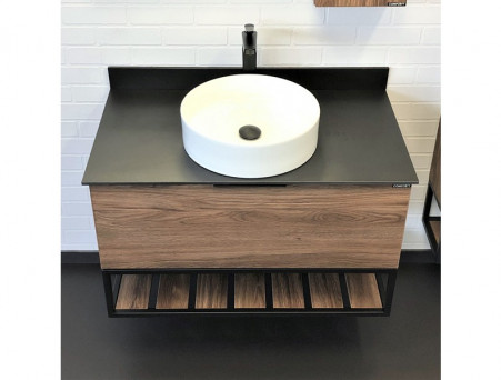 Тумба с Раковиной «Comforty» Порто-90, 90,5x64,5x52см, Дуб Темно-Коричневый, Черная Столешница (00-00008927CF)