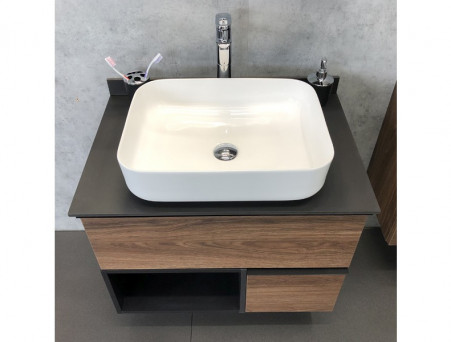 Тумба с Раковиной «Comforty» Штутгарт-75, 75,5x68,5x52см, Дуб Темно-Коричневый, Черная Столешница (00-00001884CF)