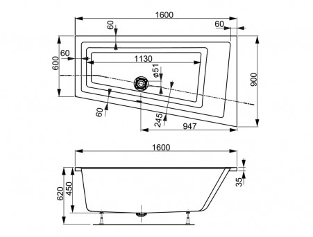 Акриловая Ванна «Vagnerplast» Cavallo Offset, Асимметричная, 160x90см (VPBA169CAV3PX-04)