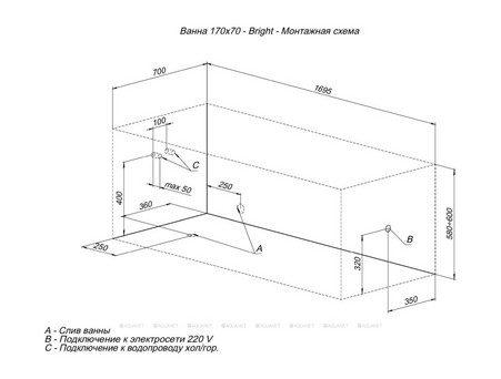 Акриловая Ванна «Aquanet» Bright 170x70, с Каркасом (00267835)