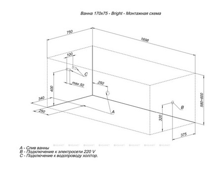 Акриловая Ванна «Aquanet» Bright 170x75, с Каркасом (00233141)