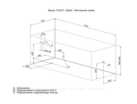 Акриловая Ванна «Aquanet» Bright 175x70, с Каркасом (00273795)