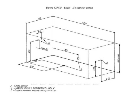 Акриловая Ванна «Aquanet» Bright 175x75, с Каркасом (00216660)