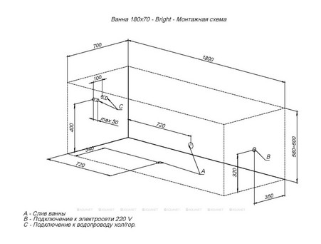 Акриловая Ванна «Aquanet» Bright 180x70, с Каркасом (00216662)