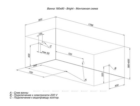 Акриловая Ванна «Aquanet» Bright 180x80, с Каркасом (00233143)