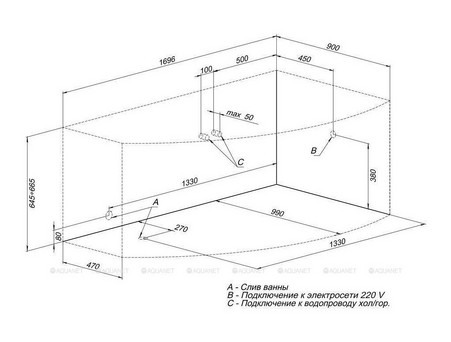 Акриловая Ванна «Aquanet» Jersey 170x90 R, с Каркасом (00205329)