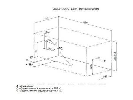 Акриловая Ванна «Aquanet» Light 150x70, с Каркасом (00243869)