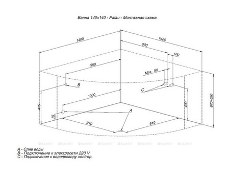 Акриловая Ванна «Aquanet» Palau 140x140, с Каркасом (00205535)