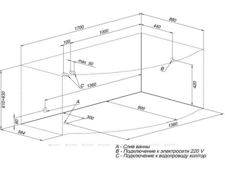 Акриловая Ванна «Aquanet» Palma 170x90/60 R, с Каркасом (00205537)