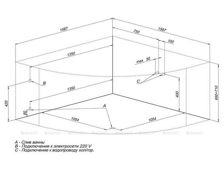 Акриловая Ванна «Aquanet» Santiago 160x160, с Каркасом (00205545)
