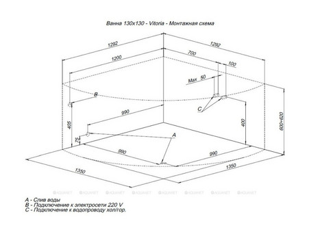 Акриловая Ванна «Aquanet» Vitoria 130x130, с Каркасом (00205371)