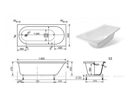 Ванна из Искусственного Камня «Aquanet» Lotos Stone 180x80 (AQ-00332894)