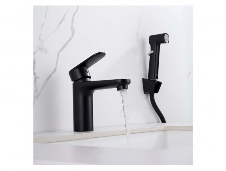 Смеситель для Раковины «Aquatek» Ника 90, с Гигиеническим Ручным Душем, Черный Матовый (AQ1812MB)