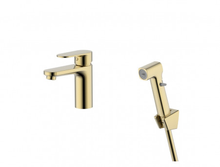 Смеситель для Раковины «Aquatek» Ника 90, с Гигиеническим Ручным Душем, Золото Шлифованное (AQ1812BG)