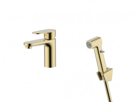 Смеситель для Раковины «Aquatek» Ника 90, с Гигиеническим Ручным Душем, Золото Шлифованное (AQ1812BG)