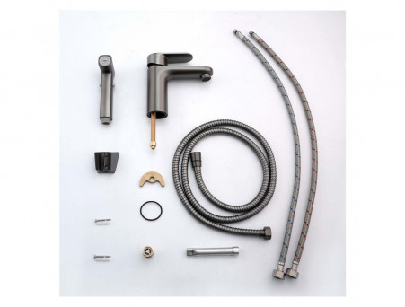 Смеситель для Раковины «Aquatek» Ника 90, с Гигиеническим Ручным Душем, Оружейная Сталь (AQ1812BGM)