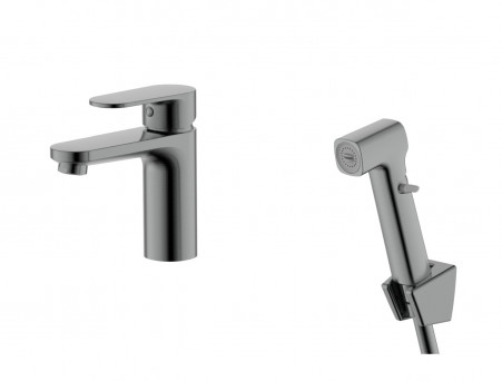 Смеситель для Раковины «Aquatek» Ника 90, с Гигиеническим Ручным Душем, Оружейная Сталь (AQ1812BGM)