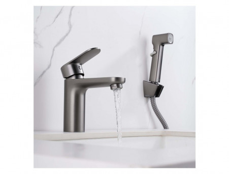 Смеситель для Раковины «Aquatek» Ника 90, с Гигиеническим Ручным Душем, Оружейная Сталь (AQ1812BGM)