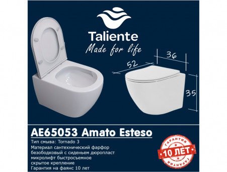Унитаз Подвесной «Taliente» Amato Esteso T3, Белый (AE65053)