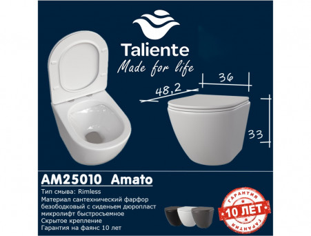 Унитаз Подвесной «Taliente» Amato Grigio, Серый Матовый (AM25010 Grigio)