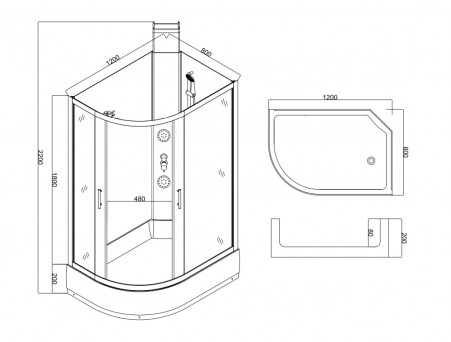 Душевая Кабина «Taliente» Асимметричная, Средний Поддон, Черный, Прозрачное Стекло, 120х80 (TA-128CB(R))
