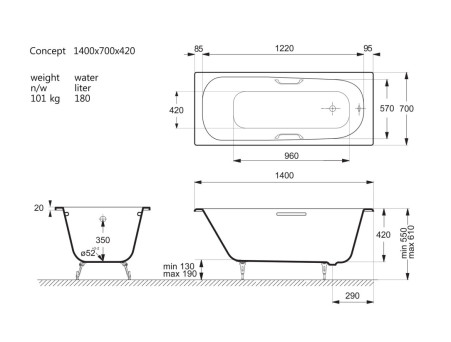 Чугунная Ванна «Vinsent Veron» Concept, Квадратные Бронзовые Ручки, 140x70x42см