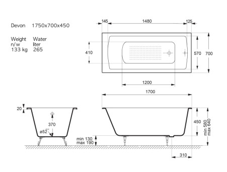 Чугунная Ванна «Vinsent Veron» Devon, Противоскользящее Покрытие, 175x70x45см