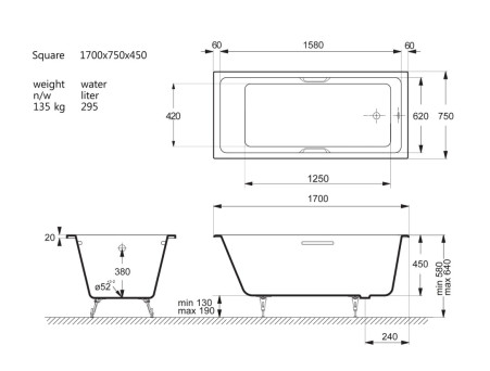 Чугунная Ванна «Vinsent Veron» Square, Квадратные Ручки Матовое Золото, 170x75x45см