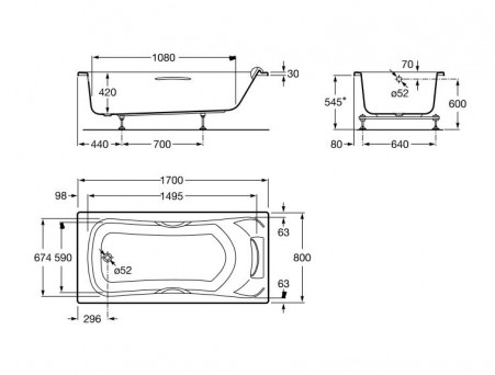 Акриловая Ванна «Roca» BeCool 170х80, Отверстиями под Ручки (ZRU9302852)
