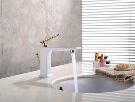 Смеситель для Раковины «Lemark» Mista с Донным Клапаном, Белый, Золото (LM6406WG)