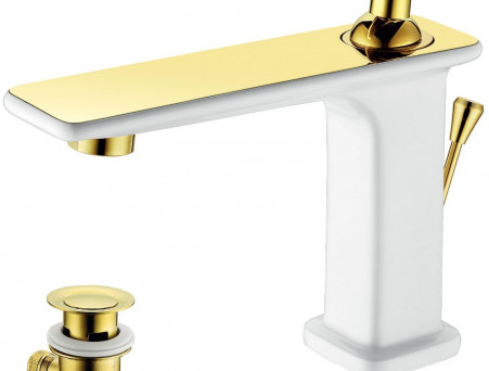 Смеситель для Раковины «Lemark» Mista с Донным Клапаном, Белый, Золото (LM6406WG)