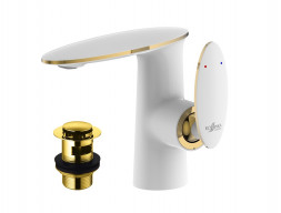 Смеситель для Раковины «Rossinka» RS30 с Донным Клапаном, Белый, Золото (RS30-11W)
