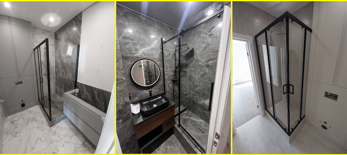 Наши работы по производству и установке душевых перегородок из заколённого стекла